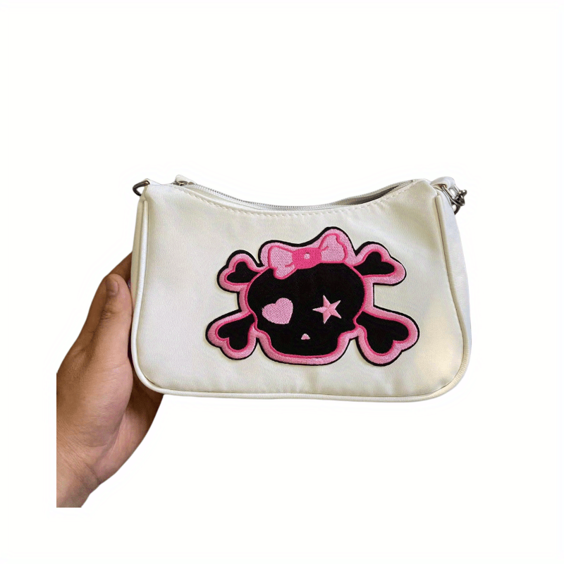 Y2K Pink Skull Patch Shoulder Bag Dark Style Cartoon Chain Handbag