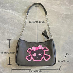 Y2K Pink Skull Patch Shoulder Bag Dark Style Cartoon Chain Handbag