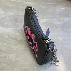 Y2K Pink Skull Patch Shoulder Bag Dark Style Cartoon Chain Handbag