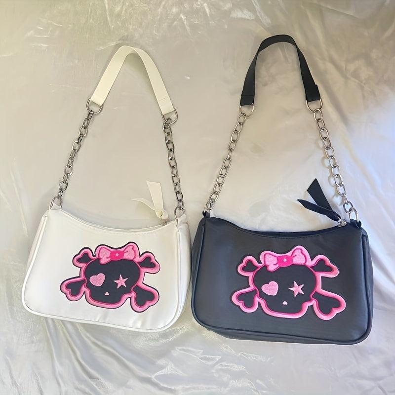 Y2K Pink Skull Patch Shoulder Bag Dark Style Cartoon Chain Handbag