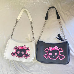 Y2K Pink Skull Patch Shoulder Bag Dark Style Cartoon Chain Handbag