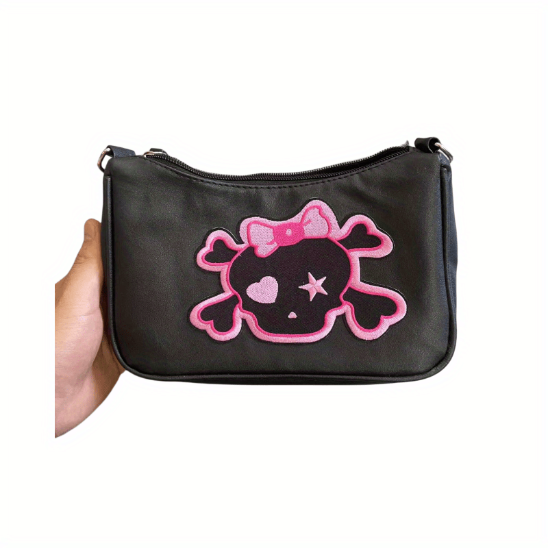 Y2K Pink Skull Patch Shoulder Bag Dark Style Cartoon Chain Handbag