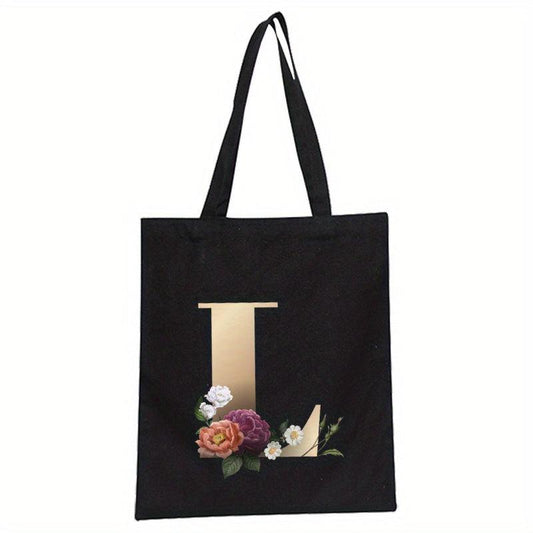 Alphabet Floral Print Canvas Tote Bag Large Shopping Bag