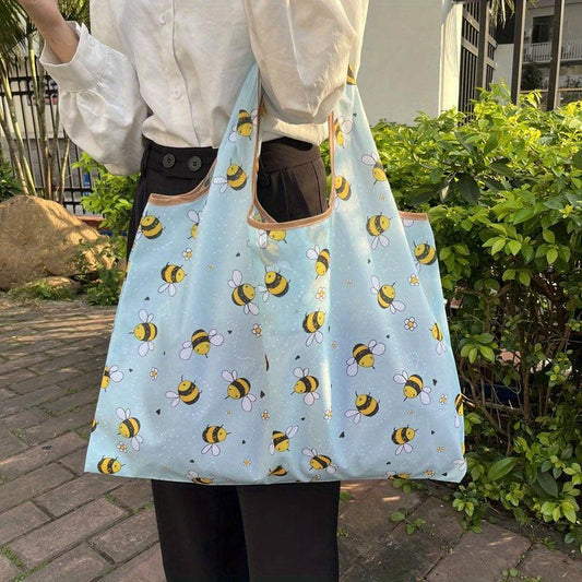 Yellow Bee Print Nylon Tote Bag Reusable Shoulder Bag