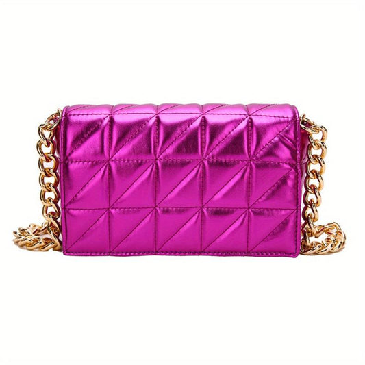 Quilted Solid Shoulder Bag Chain Strap Crossbody Bag Metallic Y2k Retro Flap Bag