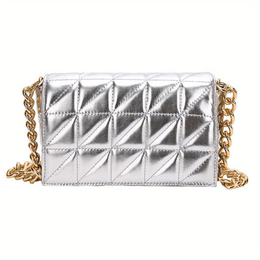 Quilted Solid Shoulder Bag Chain Strap Crossbody Bag Metallic Y2k Retro Flap Bag