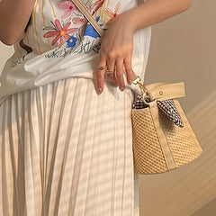 Boho Straw Bucket Crossbody Bag with Plaid Twisted Pouch
