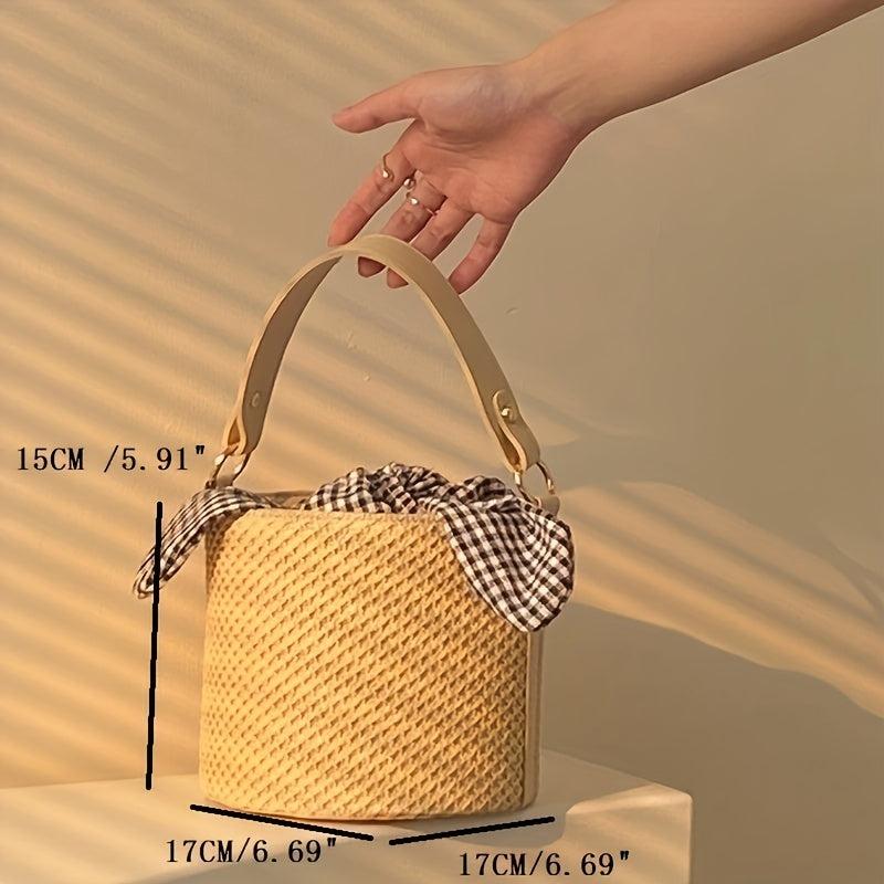 Boho Straw Bucket Crossbody Bag with Plaid Twisted Pouch