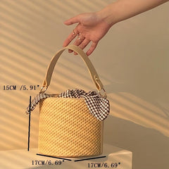 Boho Straw Bucket Crossbody Bag with Plaid Twisted Pouch