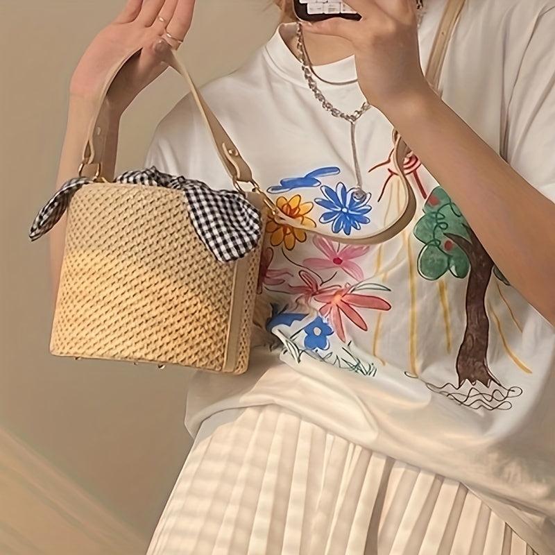 Boho Straw Bucket Crossbody Bag with Plaid Twisted Pouch