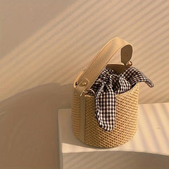 Boho Straw Bucket Crossbody Bag with Plaid Twisted Pouch