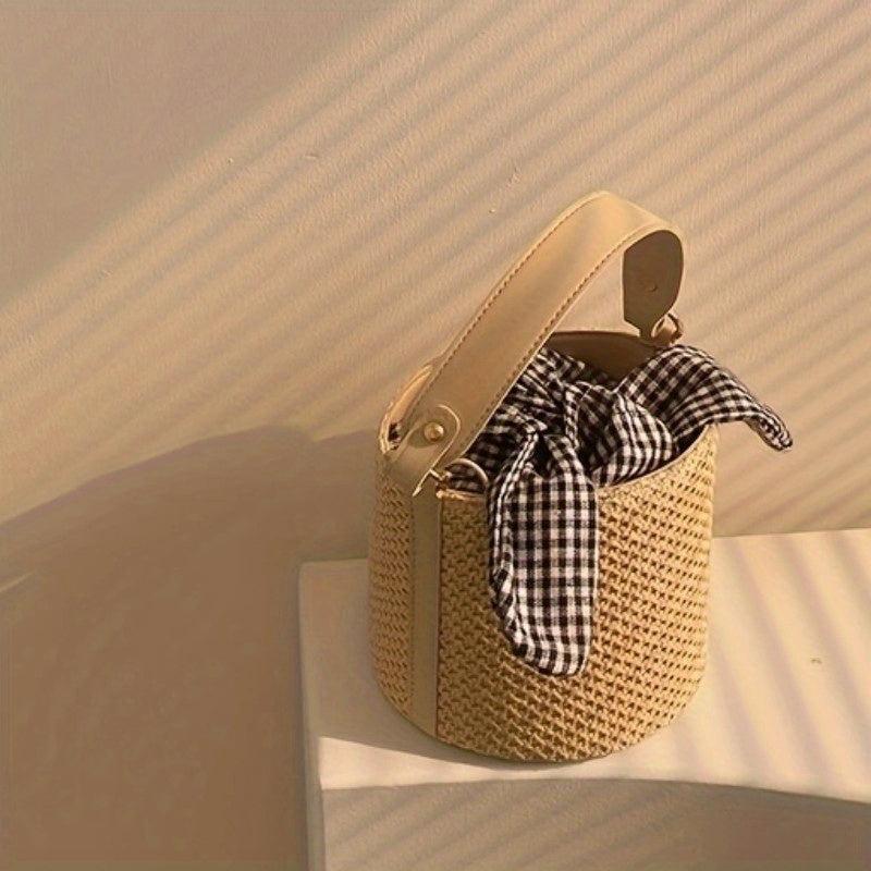 Boho Straw Bucket Crossbody Bag with Plaid Twisted Pouch