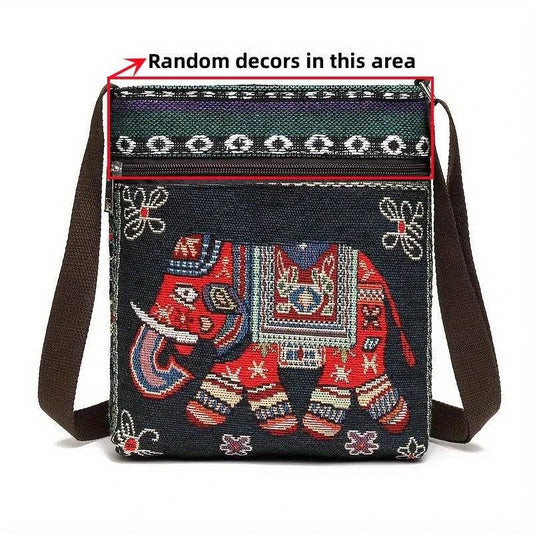 Animal Embroidery Canvas Square Bag Zipper Shoulder Phone Bag