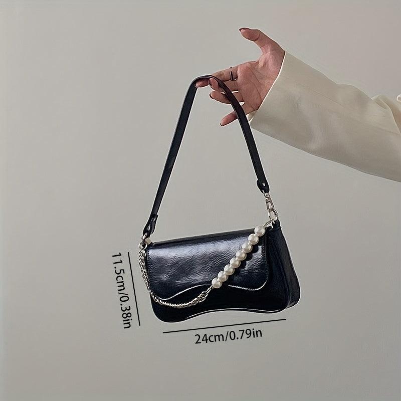 Solid Shoulder Bag Flap Underarm Bag With Bead Decor Chain Strap