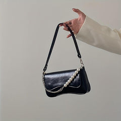 Solid Shoulder Bag Flap Underarm Bag With Bead Decor Chain Strap