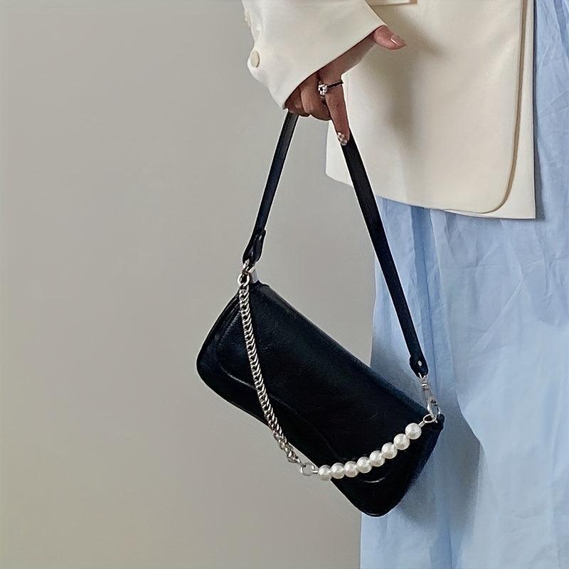 Solid Shoulder Bag Flap Underarm Bag With Bead Decor Chain Strap