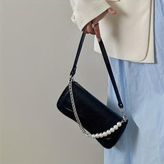Solid Shoulder Bag Flap Underarm Bag With Bead Decor Chain Strap