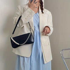 Solid Shoulder Bag Flap Underarm Bag With Bead Decor Chain Strap