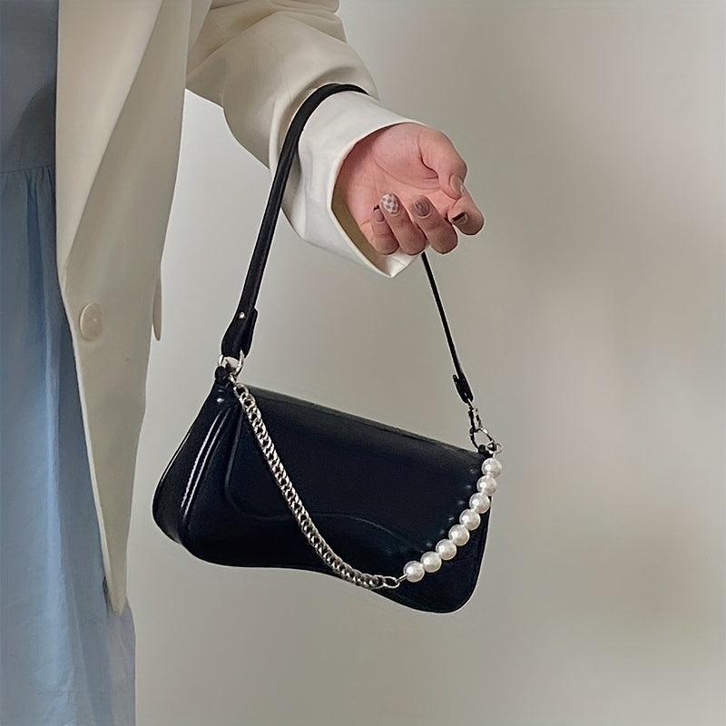 Solid Shoulder Bag Flap Underarm Bag With Bead Decor Chain Strap