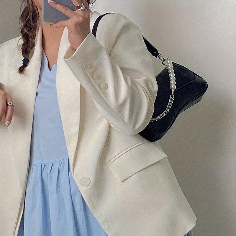 Solid Shoulder Bag Flap Underarm Bag With Bead Decor Chain Strap