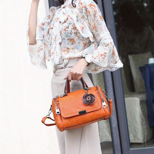Vintage Boston Crossbody Bag Flower Decor Satchel Purse