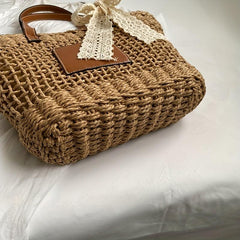Straw Summer Beach Bag Woven Tote Scarf Decor Shoulder Bag
