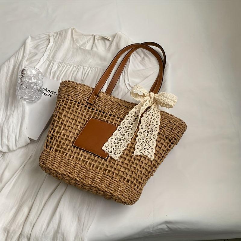 Straw Summer Beach Bag Woven Tote Scarf Decor Shoulder Bag
