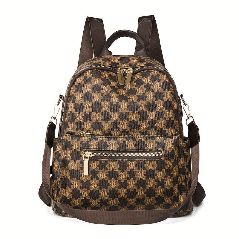 Vintage Geometric Print Backpack Retro PU Leather Daypack