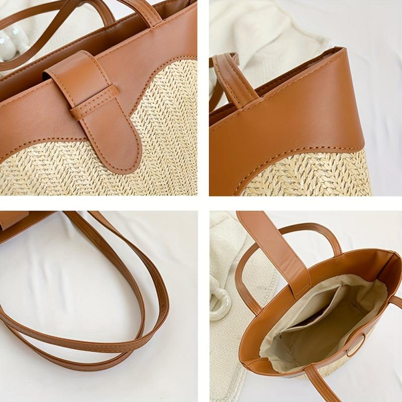 Summer Minimalist Straw Bag Colorblock Woven Handbag All Match Holiday Bag