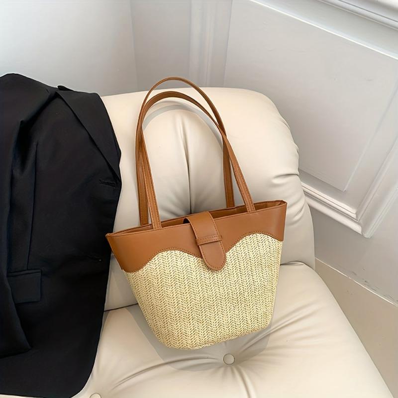 Summer Minimalist Straw Bag Colorblock Woven Handbag All Match Holiday Bag