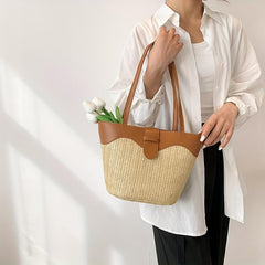 Summer Minimalist Straw Bag Colorblock Woven Handbag All Match Holiday Bag