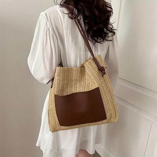 Large Capacity Square Shoulder Bag Straw Woven Casual Tote Bag