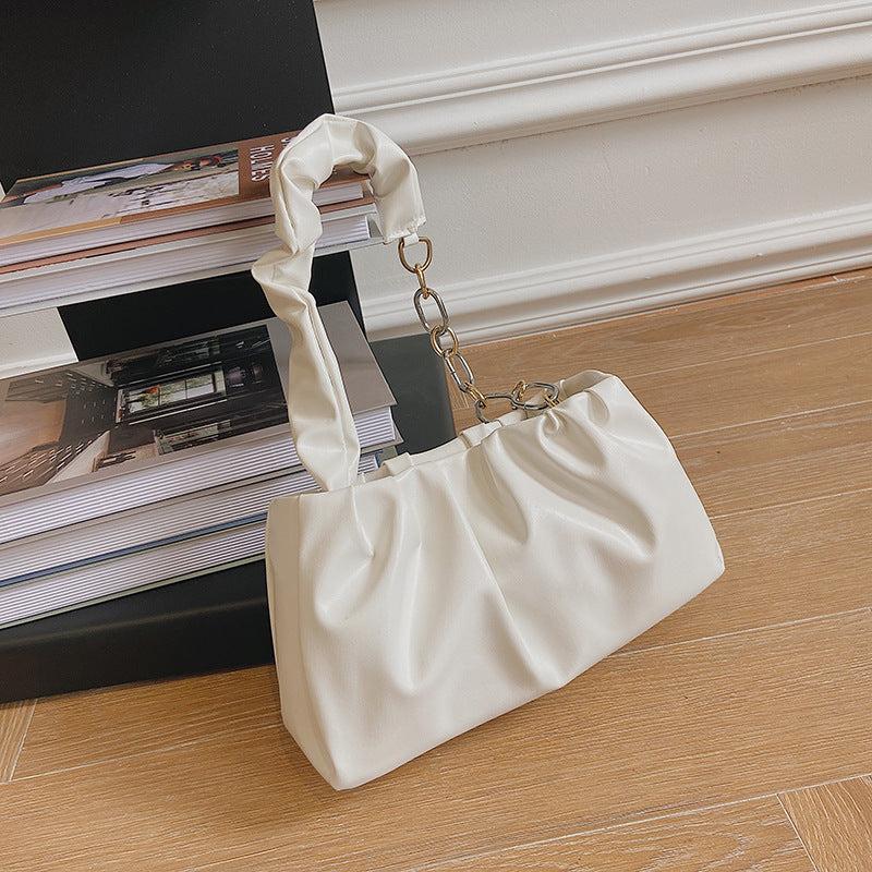 Ruched Shoulder Bag Solid PU Leather Handbag Metal Chain