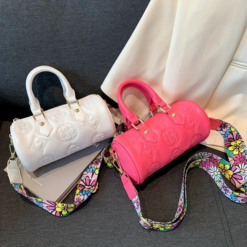 Embroidery Cylinder Bucket Bag Round Handbag Purse Women's Crossbody Bag