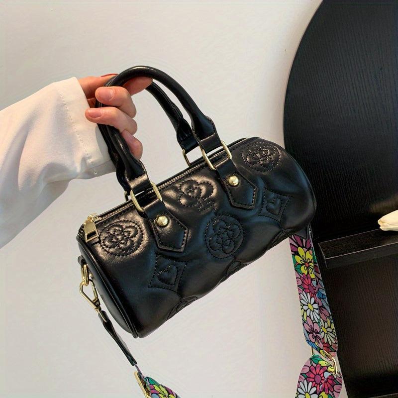 Embroidery Cylinder Bucket Bag Round Handbag Purse Women's Crossbody Bag