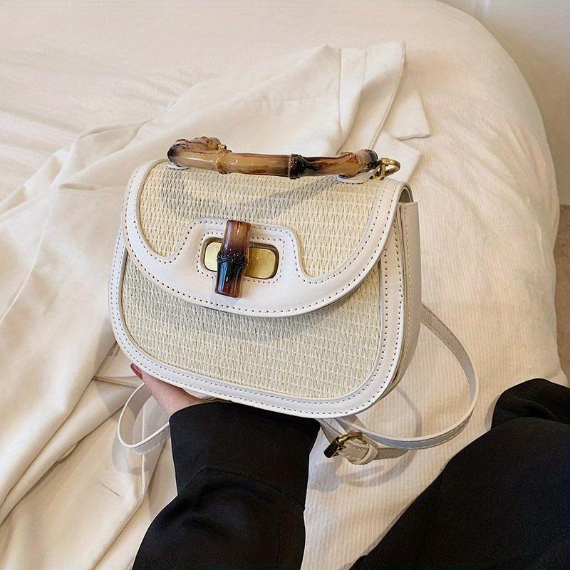 Straw Handbag Wooden Turn Lock Shoulder Bag Crossbody Bag