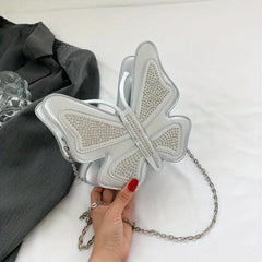 Butterfly Beads Metal Chain Crossbody Bag PU Leather Fancy Shoulder Bag
