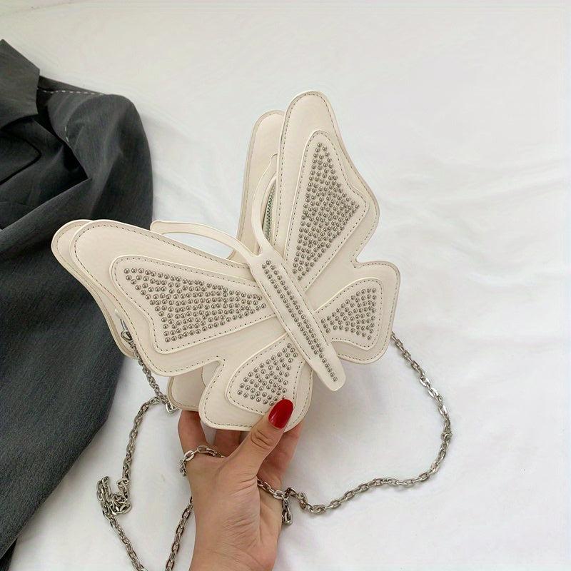 Butterfly Beads Metal Chain Crossbody Bag PU Leather Fancy Shoulder Bag