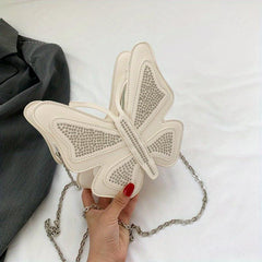 Butterfly Beads Metal Chain Crossbody Bag PU Leather Fancy Shoulder Bag