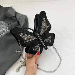 Butterfly Beads Metal Chain Crossbody Bag PU Leather Fancy Shoulder Bag