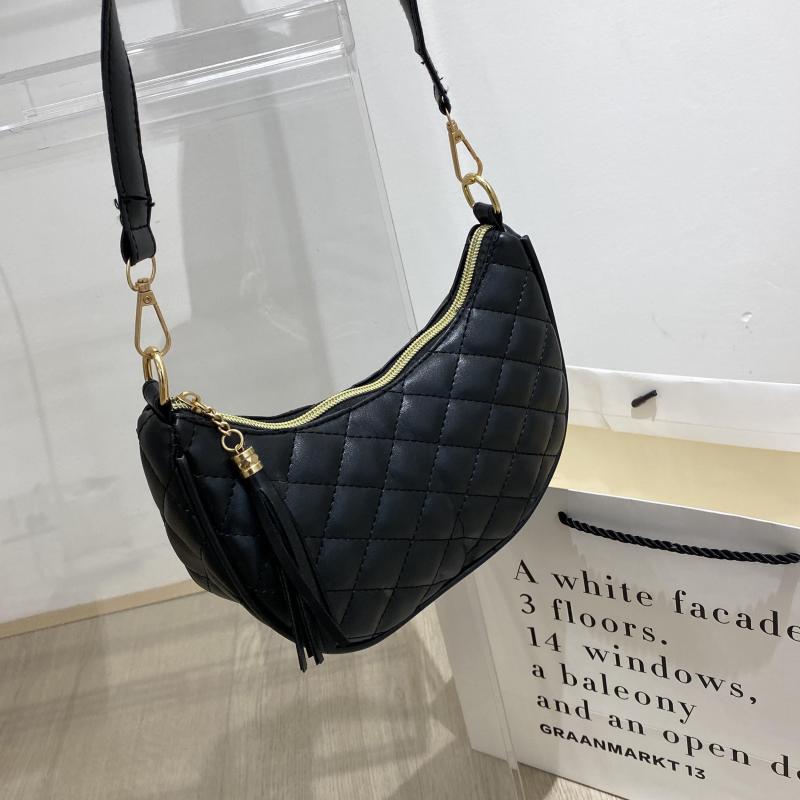 Argyle Quilted Crescent Bag Crossbody Tassel Decor Stylish PU Leather Purse