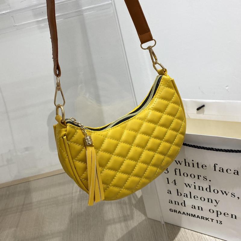 Argyle Quilted Crescent Bag Crossbody Tassel Decor Stylish PU Leather Purse