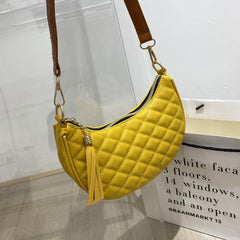 Argyle Quilted Crescent Bag Crossbody Tassel Decor Stylish PU Leather Purse