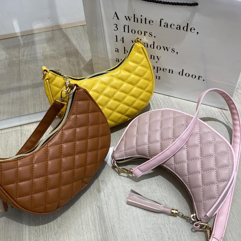 Argyle Quilted Crescent Bag Crossbody Tassel Decor Stylish PU Leather Purse