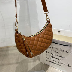 Argyle Quilted Crescent Bag Crossbody Tassel Decor Stylish PU Leather Purse