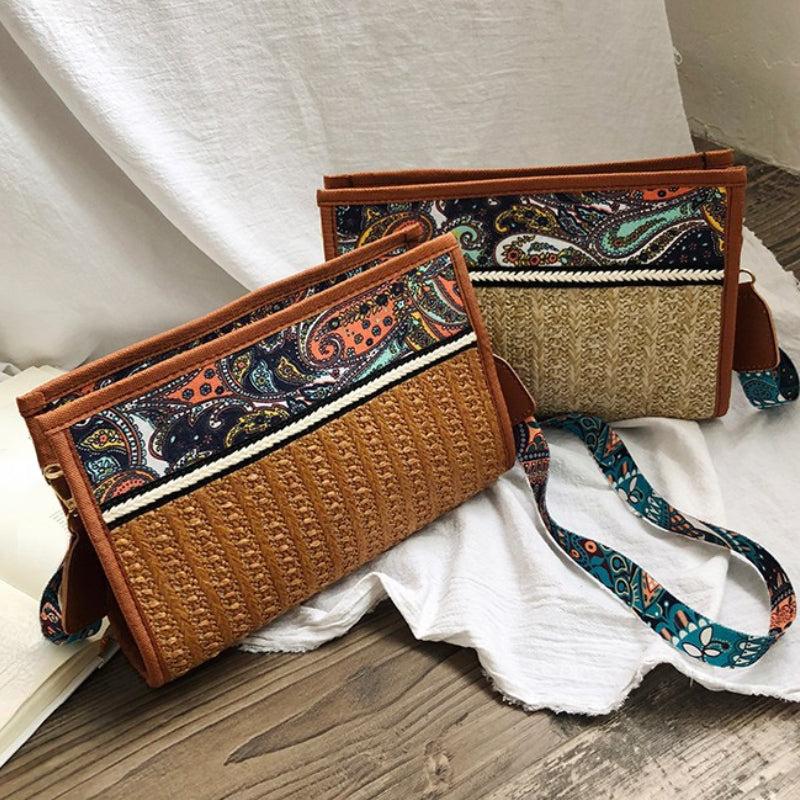 Ethnic Straw Crossbody Bag Women Summer Beach Vacation Boho Style