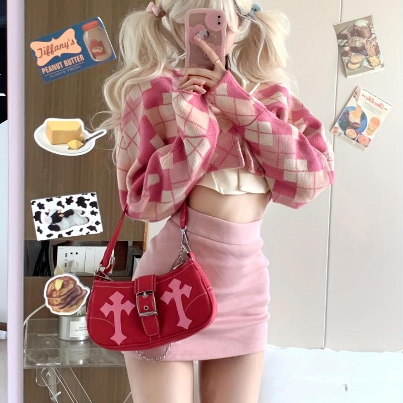 Pink Y2K Crescent Underarm Bag Punk Rock Shoulder Bag Cross Decor Handbag
