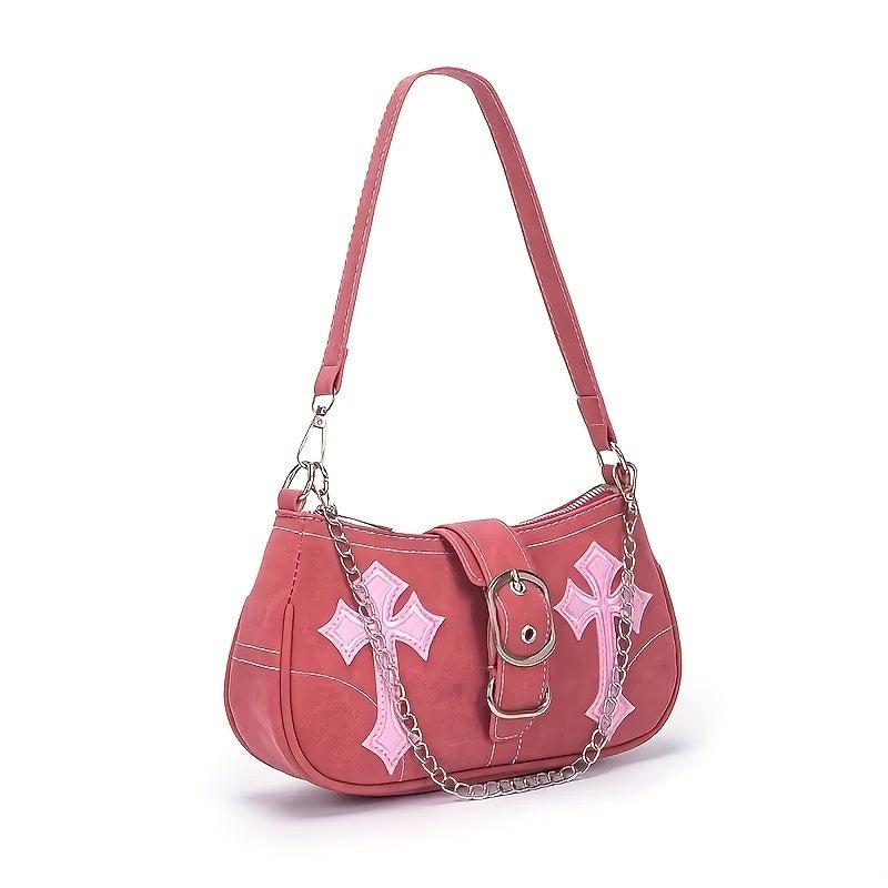 Pink Y2K Crescent Underarm Bag Punk Rock Shoulder Bag Cross Decor Handbag