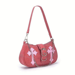 Pink Y2K Crescent Underarm Bag Punk Rock Shoulder Bag Cross Decor Handbag