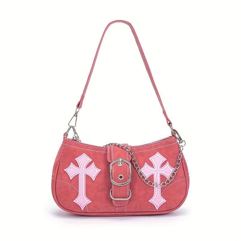 Pink Y2K Crescent Underarm Bag Punk Rock Shoulder Bag Cross Decor Handbag